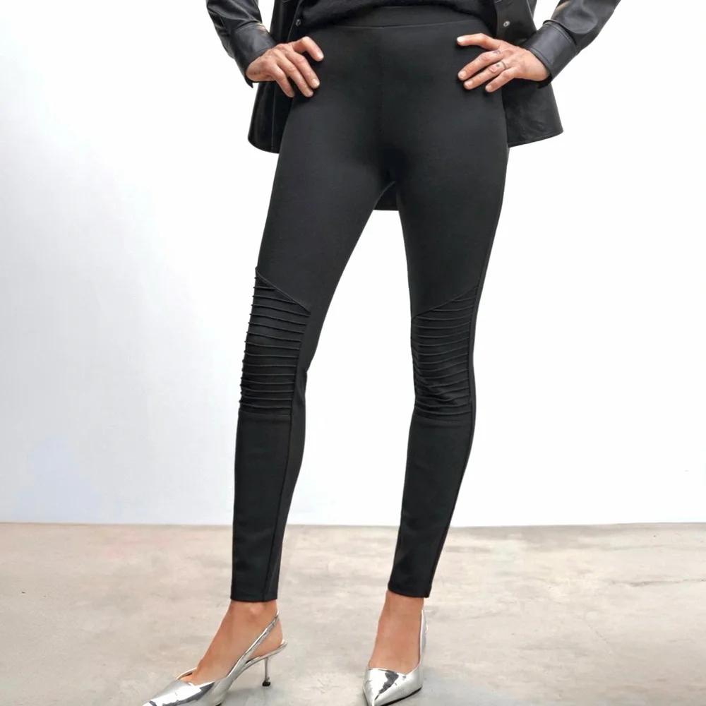 MNG by Mango Black Biker Leggings -‎ Ribbed Moto Details - Size L